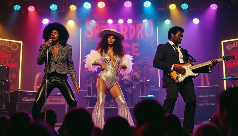 Une chanteuse des années 80 dans un style emblématique, illustrant l'influence de la mode sur la musique de cette époque